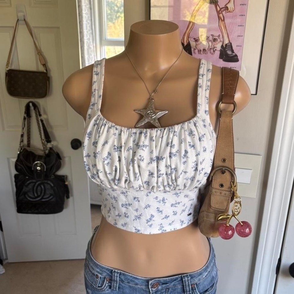 Hollister blue and white floral milkmaid ruffled bust crop top